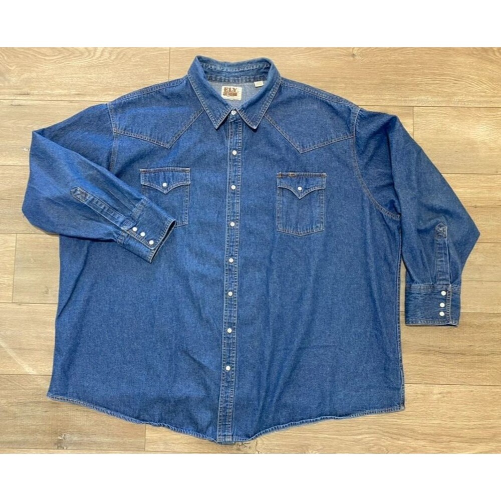 Ely Cattleman Shirt Mens 4XL Blue Denim Western Pearl Snap Cowboy